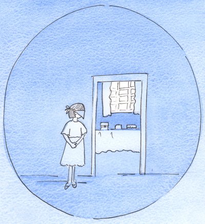 Som en kærlig far øger sit barns glæde, før en fest, ved at bede hende vente, med bind for øjnene, mens forberedelserne gøres, så kan Gud skjule glæderne forude, til vores bedste, 2003 (w/c på papir) af Elizabeth Wang