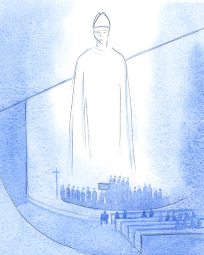 Da en ny præsts hænder blev salvet ("Må Jesus bevare dig?"), stod Kristus, klædt som vores biskop, i helligdommen, 2001 (w/c på papir) af Elizabeth Wang