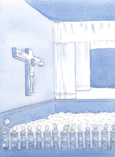 Som et ikke-katolsk barn i en katolsk skole plejede jeg at se på figuren på korset, og undrede mig over, hvem han var, og hvorfor han var der, 2000 (w/c på papir) af Elizabeth Wang
