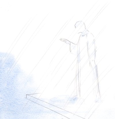 Ligesom præsten gjorde det hellige korsets tegn og gav os sin velsignelse, sådan gjorde også Kristus vor Ypperstepræst., 2001 (w/c på papir) af Elizabeth Wang