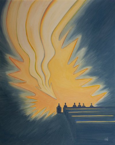 Ved den hellige nadver falder en stor flamme, som en pil, ned over os, da Kristus kommer os i møde i Åndens kraft, 2001 (olie om bord) af Elizabeth Wang