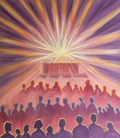 Ved messen omslutter Faderens guddommelige kærlighed Jesus i en hvid offerild, 2000 (olie om bord) af Elizabeth Wang