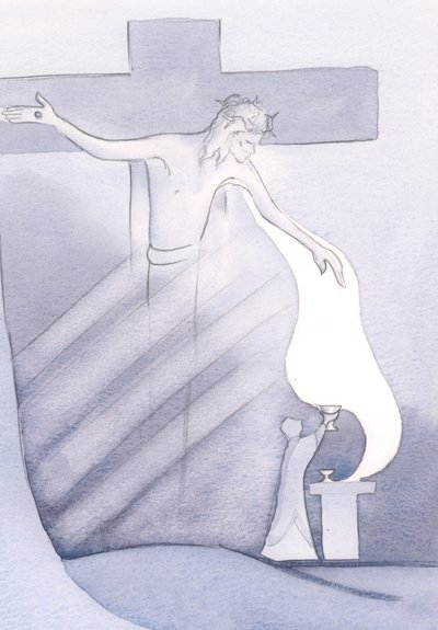 Ved hver messe udgydes Kristi dyrebare blod fra korset, til vores frelse fra synd, 2000 (w/c på papir) af Elizabeth Wang