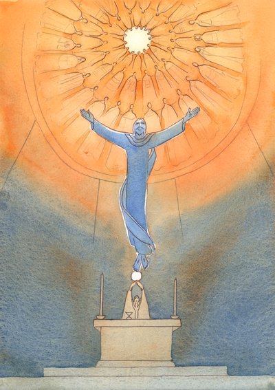 Ved hver messe går Kristus i forbøn for os hos den usynlige Fader, mens alle de hellige ser på fra oven i undren og taknemmelighed, 2005 (akvarel på papir). af Elizabeth Wang