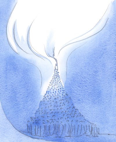 Ved hver messe rækker vi op og møder Faderen gennem Kristi offer, vort hoved, bundet sammen med hinanden og med ham, 2002 (w/c på papir) af Elizabeth Wang