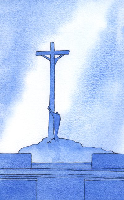 Ved hver messe står vi ved siden af Kristus korsfæstet for vores frelse, 2002 (w/c på papir) af Elizabeth Wang