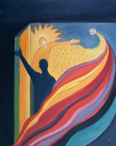 Ved himmelfarten vendte Kristus, vores bror, tilbage til Faderen i triumf og åbnede en vej til Himlen for os, 2001 (olie om bord) af Elizabeth Wang
