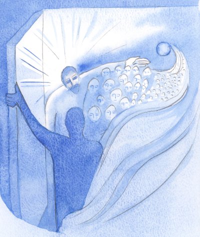 Ved himmelfarten vendte Kristus, vores bror, tilbage til Faderen i triumf og åbnede en vej til himlen for os, 2001 (w/c på papir) af Elizabeth Wang