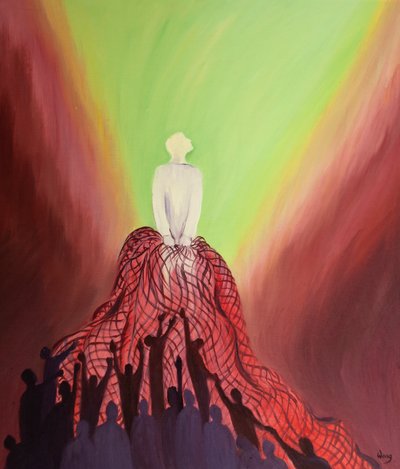 Ved messen trækker Jesus, som en fisker, ind i sit rige dem, der elsker ham, 2001 (olie om bord) af Elizabeth Wang