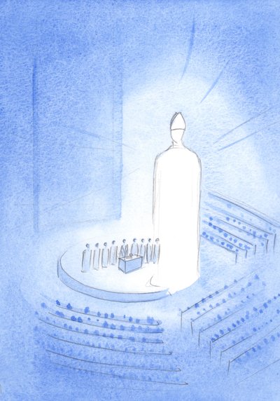 I midten af basilikaen Knock-helligdommen så jeg Jesus under den hellige messe; Han brændte af lys, en gering på hovedet, 2001 (w/c på papir) af Elizabeth Wang