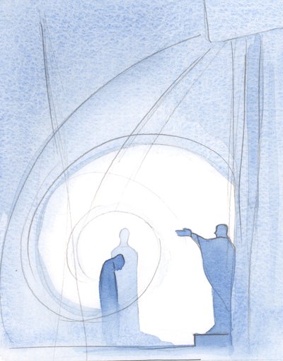 Ved afslutningen af den hellige messe bliver vi omfavnet af Faderens velsignelse, i Kristi følgeskab, da Helligånden trøster vores hjerte., 2001 (w/c på papir) af Elizabeth Wang
