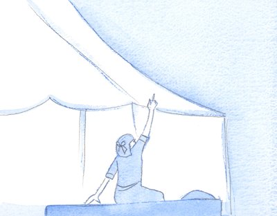 Ved det blotte stykke sand anger i bøn er det, som om vi rører ved Gud, der udgyder sin tilgivelse som regn, 2002 (w/c på papir) af Elizabeth Wang