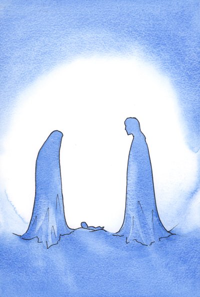 Ved synet af den mirakuløse baby (hvis mor stod foran ham i stadig jomfruelig hellighed) blev St. Joseph kraftigt belønnet for sin tro., 2001 (w/c på papir) af Elizabeth Wang