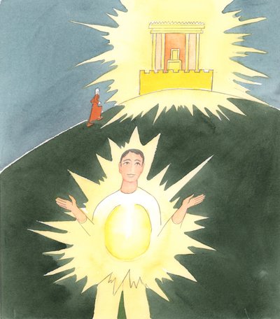 Før Kristi tid måtte folk gå til templet i Jerusalem for at være der, hvor Gud var kommet ned på en særlig måde, 2004 (w/c på papir) af Elizabeth Wang