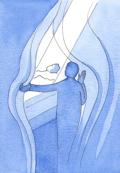 Ved vores inderlige bønner til Vor Velsignede Frue er det, som om vi holder mørkets tråde til side for at lade Himlens lys skinne ned over de nødlidende, 2002 (w/c på papir) af Elizabeth Wang