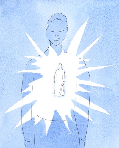 Ved Helligånden er Kristus til stede i den døbte persons sjæl, udstråler sin kærlighed og visdom, udstråler sjælen med guddommelig glæde og godhed., 2004 (w/c på papir) af Elizabeth Wang