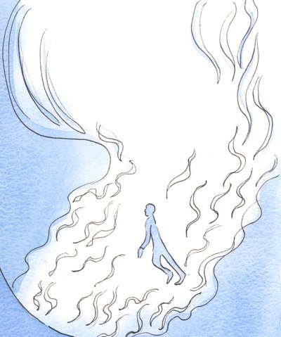 Guds børn er på spil i hans nærvær, ser det ud til, blandt flammens ranker, hvormed Faderen rækker ud fra Guddommens store, lyse ild, 2003 (w/c på papir) af Elizabeth Wang