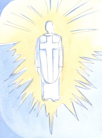 Kristus - næsten ulideligt blændende, kongelig og magtfuld - hersker nu i himlen, sandt menneske og sand Gud, vores ypperstepræst, 2002 (w/c på papir) af Elizabeth Wang