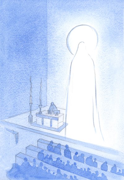 Kristus og hans hellige moder er i live, i himlen nu, herlige. At blive således glorificeret er at være majestætisk og perfekt på alle måder, 2001 (w/c på papir) af Elizabeth Wang