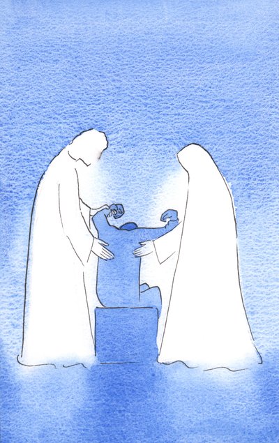 Kristus og Vor Frue er altid ivrige efter at hjælpe os. Deres assistance er øm, personlig og uophørlig, hele vejen til himlen, 2002 (w/c på papir) af Elizabeth Wang