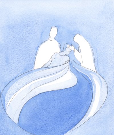 Kristus og Vor Frue er som himmelske tjenere, der hjælper os, mens noget vidunderligt fødes af åndelig uro og udholdenhed, 2002 (w/c på papir) af Elizabeth Wang