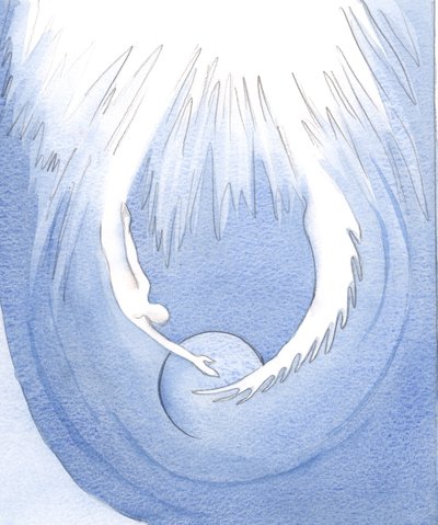 Kristus og Helligånden er som to arme fra Faderen, der omfavner Jorden, 2001 (w/c på papir) af Elizabeth Wang