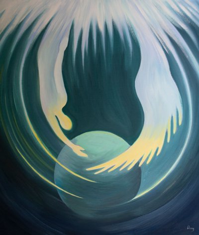 Kristus og Helligånden er som to arme fra Faderen, der omfavner Jorden, 2001 (olie om bord) af Elizabeth Wang