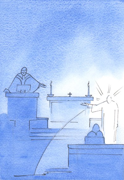 Kristus viste sig foran mig, hans arm holdt op for at angive prædikestolen, hvor han fortalte mig, at der tales sandt om Gud og mennesket, 2003 (w/c på papir) af Elizabeth Wang