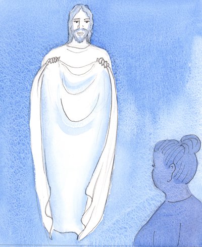 Kristus trøster og beroliger os, som en mor, der beroliger sine børn, når de er bekymrede eller bekymrede, 2004 (w/c på papir) af Elizabeth Wang