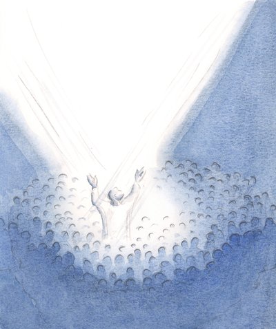 Kristus er til stede her hos os ved messen, i sandhed menneskelig, fra vores midte og ofrer sit sublime offer på vegne af sine brødre og søstre., 2001 (w/c på papir) af Elizabeth Wang