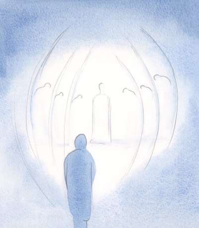 Kristus er altid den samme, tålmodig og kærlig, her med sine engle, selv i sjælen., 2000 (w/c på papir) af Elizabeth Wang