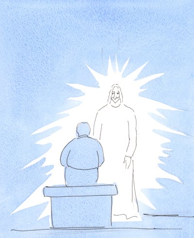 Kristus er kropsligt tilstede i himlen – som er meget tæt på os. Vi er i kontakt med himlen, i vores bøn., 2004 (w/c på papir) af Elizabeth Wang