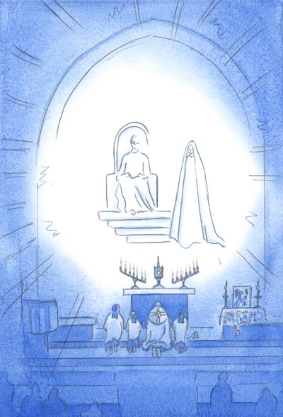 Kristus troner over os, i herlighed, ved vores Novena og Benediction, som er som en himmelsk fest. Vores mor Mary står glad i nærheden, 2002 (w/c på papir) af Elizabeth Wang