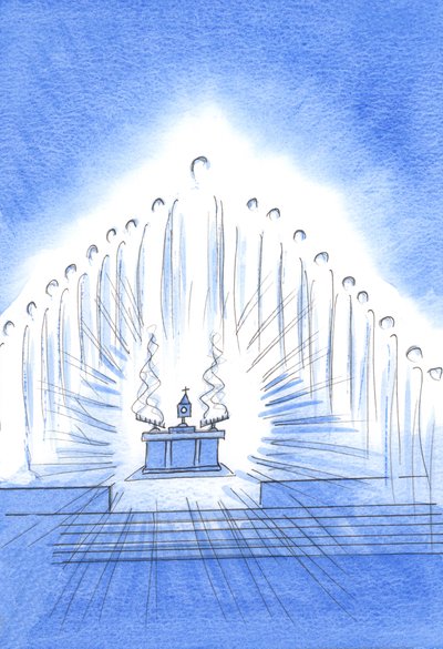Kristus er til stede sammen med sine hellige engle ved vores novena og velsignelse; og Vor Frue glæder sig over vores uforskammede hengivenhed, 2002 (w/c på papir) af Elizabeth Wang