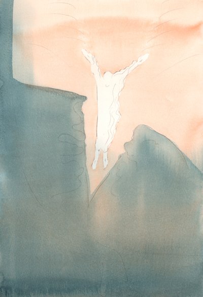 Kristus springer kærligt ind i vores hjertes frygtede mørke dybder., 2001 (w/c på papir) af Elizabeth Wang
