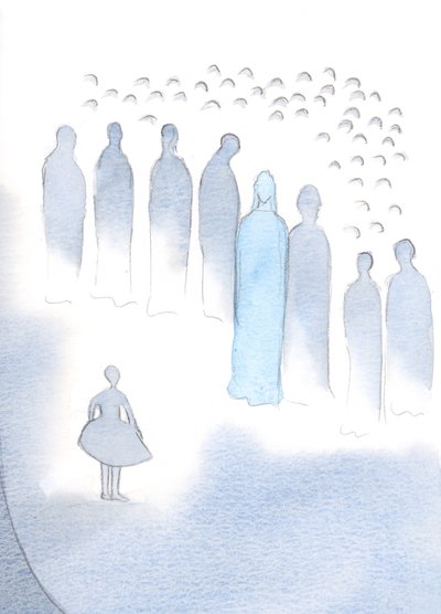 Kristus lytter med glæde, når vi bringer noget til ham, som et barn til en koncert, men han lytter mest glad, når vi åbner vores hjerter i fuld tillid., 2000 (w/c på papir) af Elizabeth Wang
