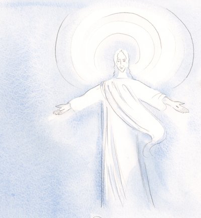 Kristus elsker at hilse på sine venner i den hellige nadver, 2000 (w/c på papir) af Elizabeth Wang