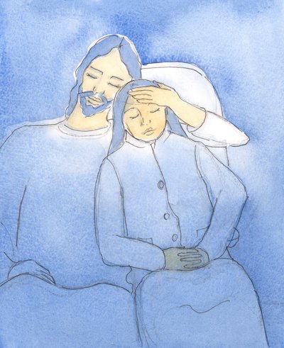 Kristus elsker at byde sine venner velkommen i den hellige nadver, 2004 (w/c på papir) af Elizabeth Wang