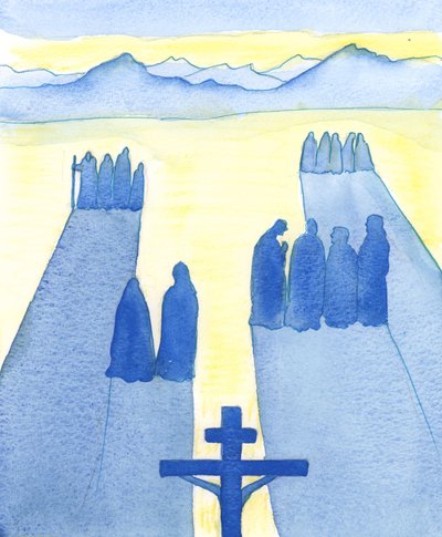 Kristus så fra korset en skare af tilskuere: de forundrede, de nysgerrige, de fjendtlige og de sympatiske, 2003 (w/c på papir) af Elizabeth Wang