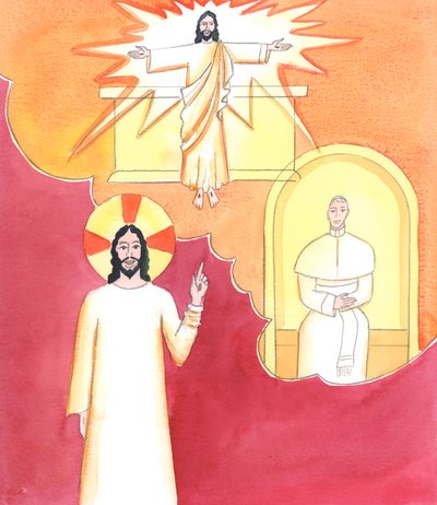 Kristus ser, hvor svært det kan være, at finde en god katekese for en spørger, på et tidspunkt, hvor mange afvigere i kirken tilbyder deres egne versioner af den katolske tro, 2001 (w/c på papir) af Elizabeth Wang