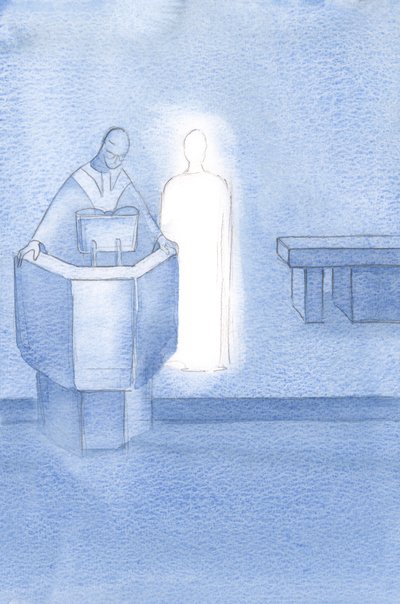 Kristus stod ved siden af præsten, som læste det hellige evangelium for os alle, hvilket var Kristi eget ord., 2000 (w/c på papir) af Elizabeth Wang