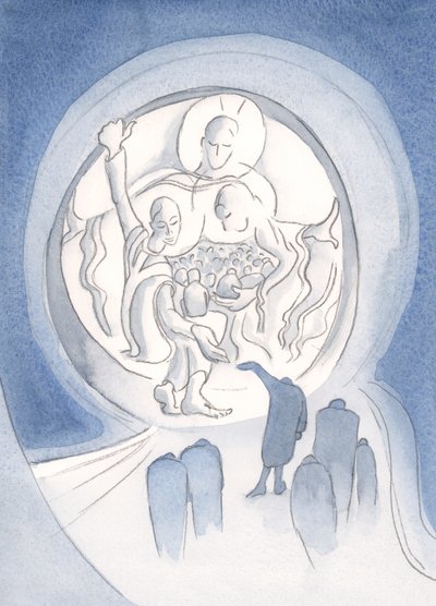 Kristus byder den angrende og villige sjæl velkommen i hjertet af den hellige treenighed. "De, der gemmer sig i ham, skal ikke dømmes" (Sl 33), 2001 (w/c på papir) af Elizabeth Wang