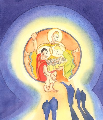 Kristus byder den angrende og villige sjæl velkommen i hjertet af den hellige treenighed. "De, der gemmer sig i ham, skal ikke dømmes" (Sl 33), 2001 (w/c på papir) af Elizabeth Wang