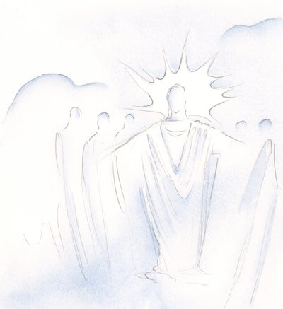 Kristus, som er døren, fører os frem og tilbage i himmelsk selskab, 2000 (w/c på papir) af Elizabeth Wang