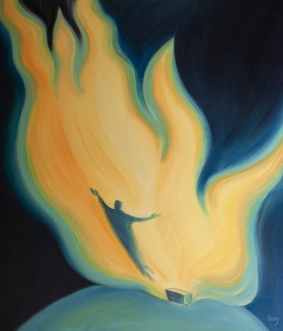 Kristi kærlighed til Faderen er som ild, der møder ild, hvori vi deler og renses, 2001 (olie om bord) af Elizabeth Wang