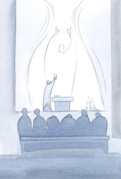 Kristi offerbøn er fuldkommen. Det tilhører os, og det omfatter alle vores behov., 2000 (w/c på papir) af Elizabeth Wang