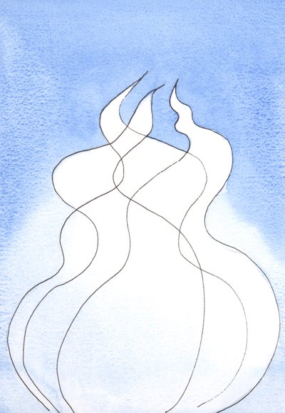 Hver guddommelig person, hver flamme, besidder den samme guddommelige natur. Sammen er de én Gud, én ild, 2002 (w/c på papir) af Elizabeth Wang