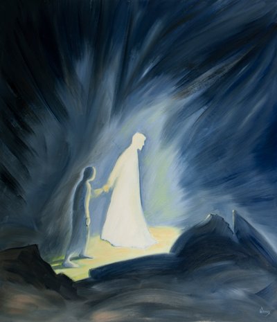Selv i vores lidelsers mørke trøster og vejleder Jesus os, 2001 (olie om bord) af Elizabeth Wang
