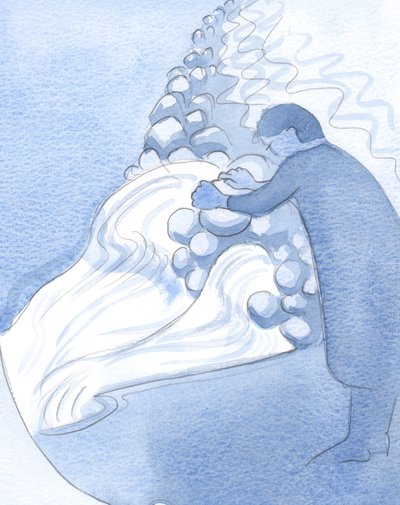 Enhver ærlig tilståelse af ægte svaghed får mere nåde til at strømme gennem os, som vand fra en pool, når forhindringer fjernes., 2001 (w/c på papir) af Elizabeth Wang