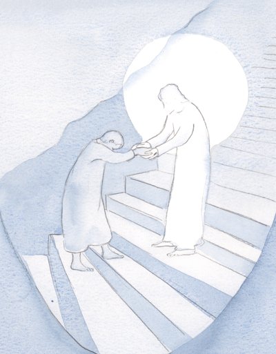 Hver lille selvsikker bøn gør Kristus i stand til at føre os videre op på det hellige bjerg. Men han tegner os ikke uden vores samtykke., 2001 (w/c på papir) af Elizabeth Wang